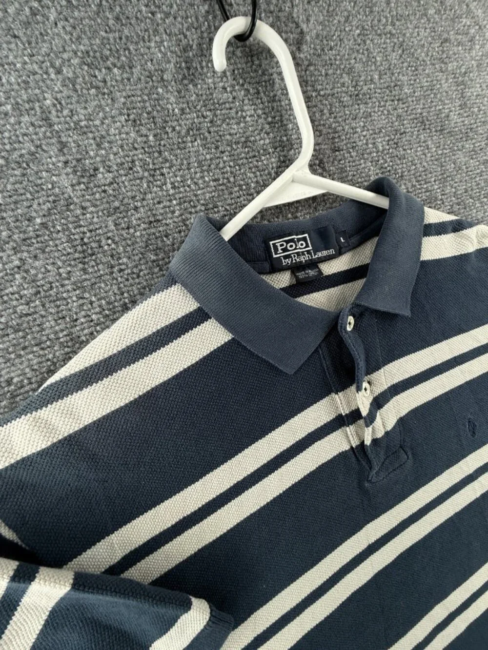 Polo Ralph Lauren Striped Blue White Short Sleeve Polo Shirt Men Cotton Mesh LG